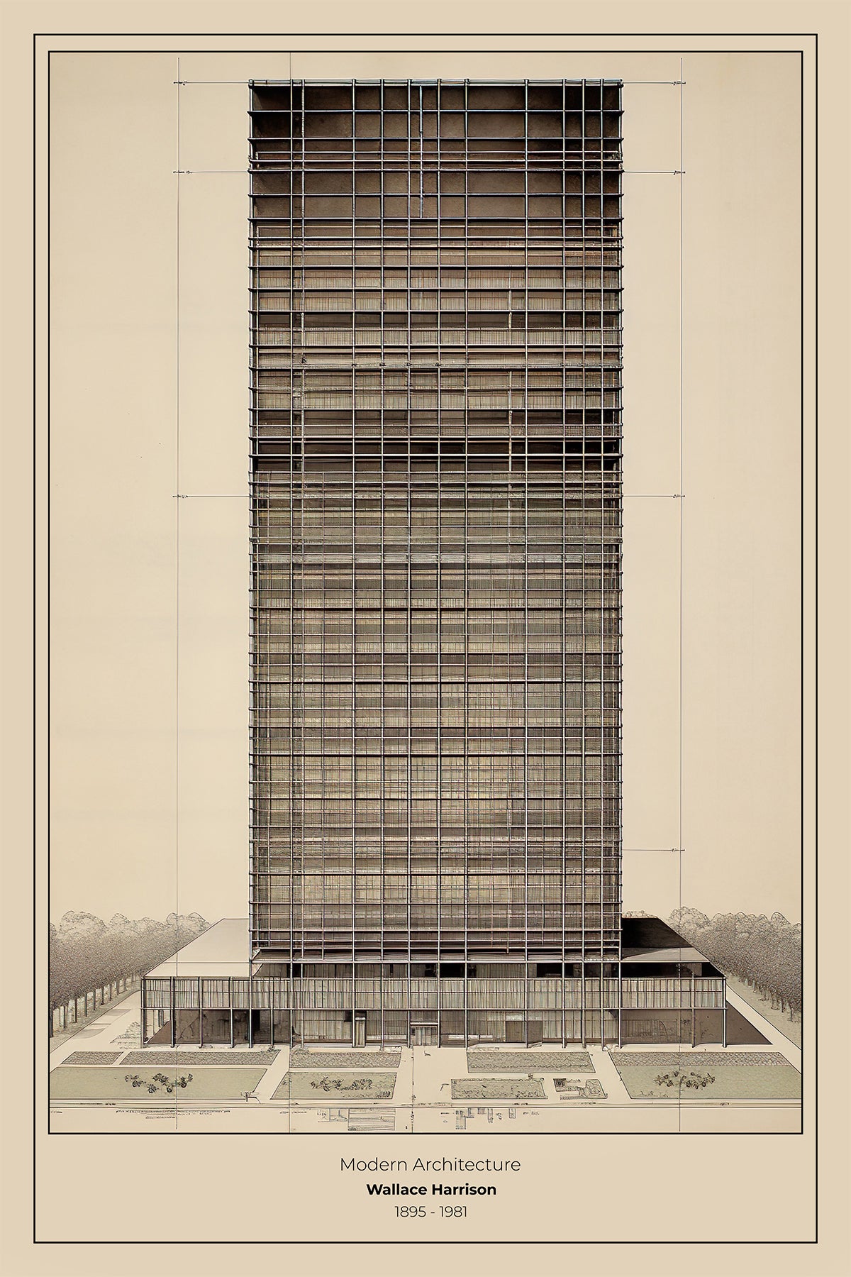 Wallace Harrison Modernist Poster – Vintage Architectural Elevation Skyscraper