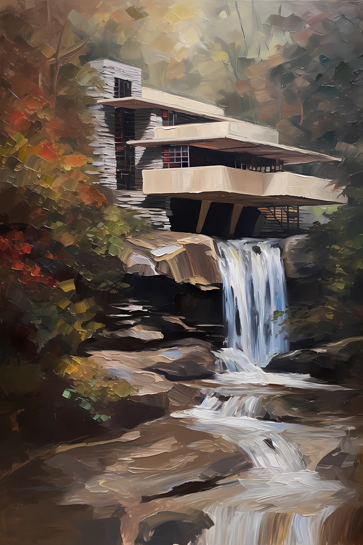 Frank Llyod Wright - Fallingwater House Oil Painting, Palette Knife.