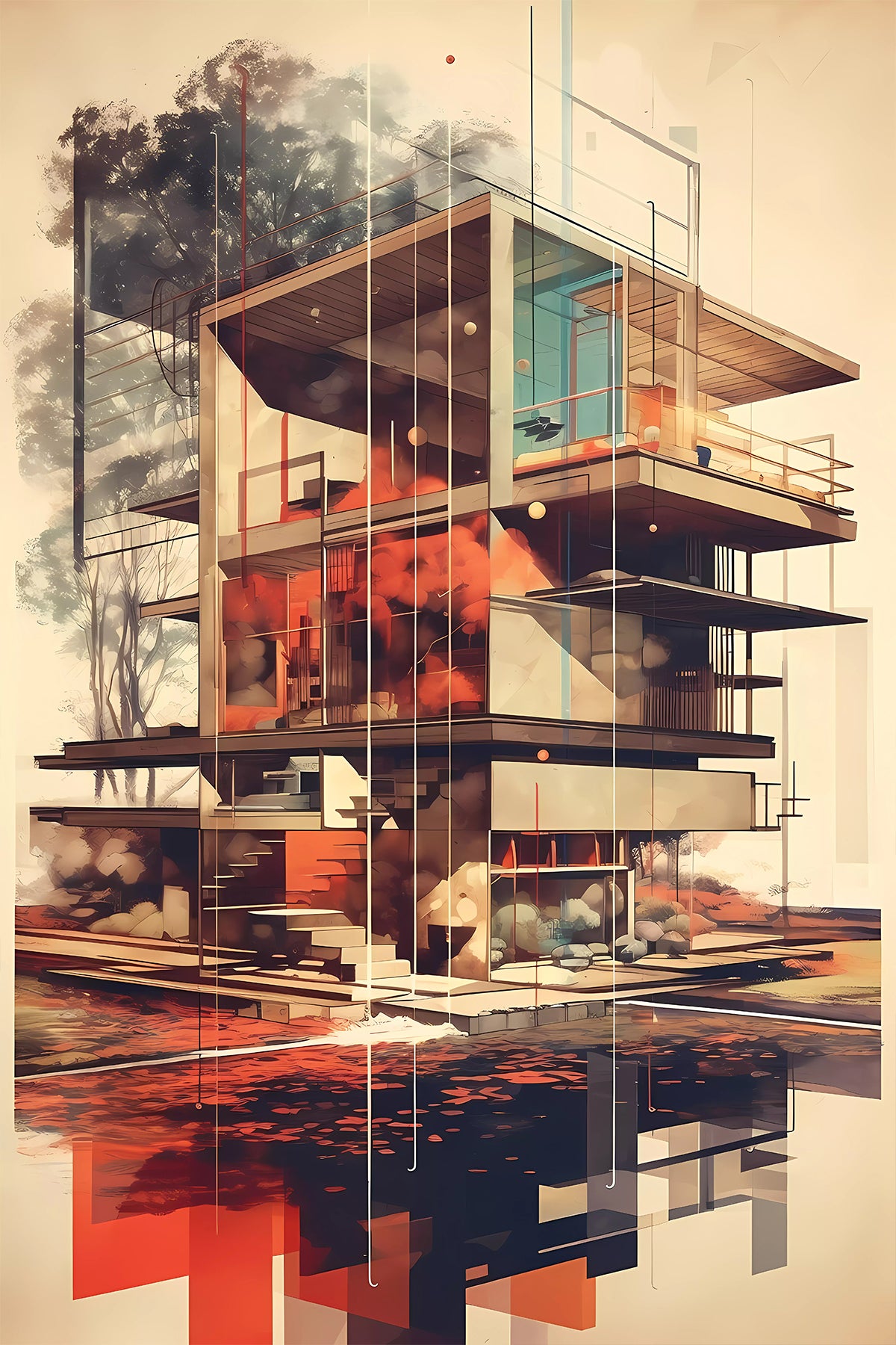 Modern Architecture - Lake House Study Vintage illustration