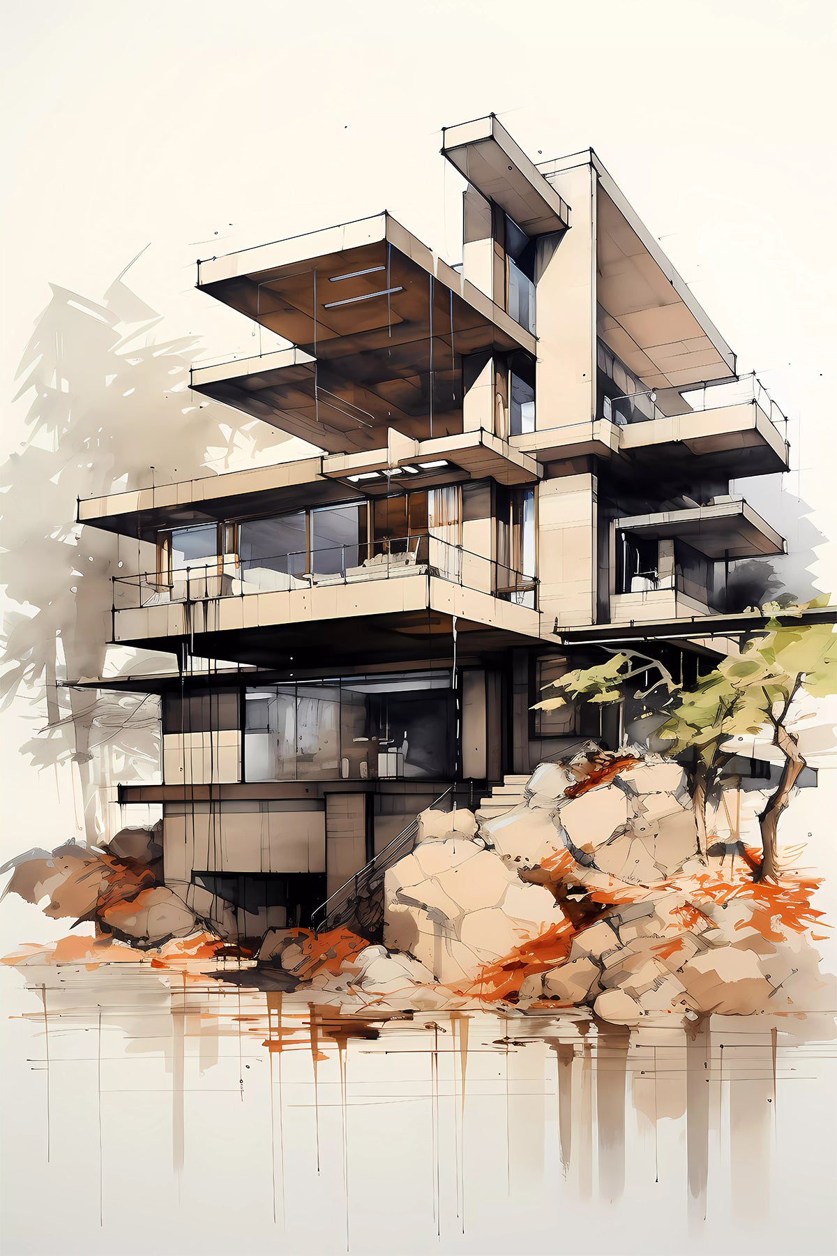 Mid-Century Modern Architecture - 1950s Fictional house illustration