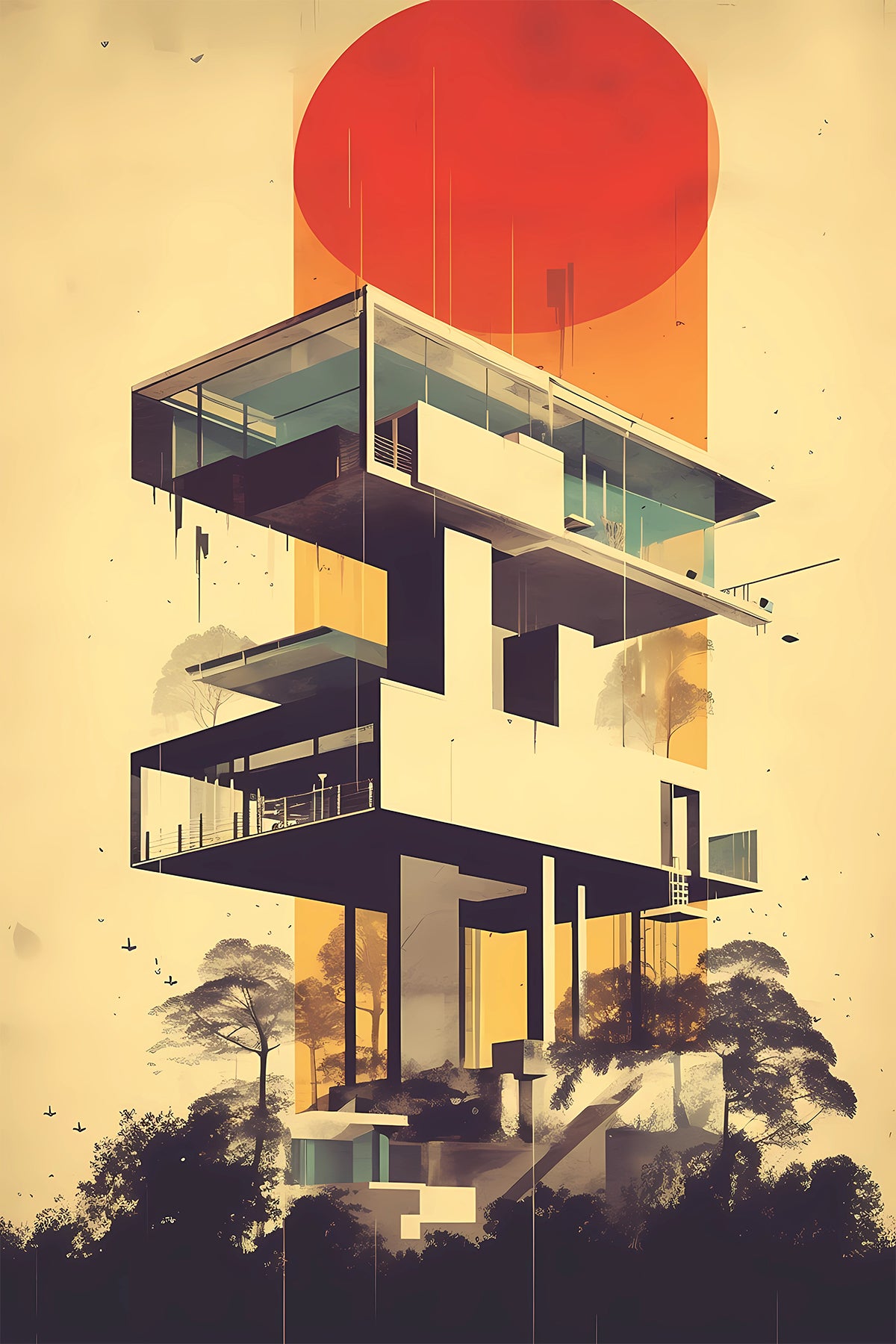 Vintage Modern Architecture illustration - Retro Japanese Art