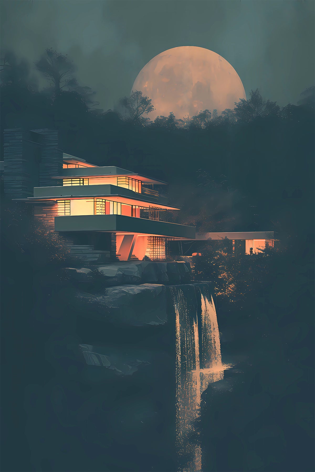 Fallingwater House Night Vintage illustration