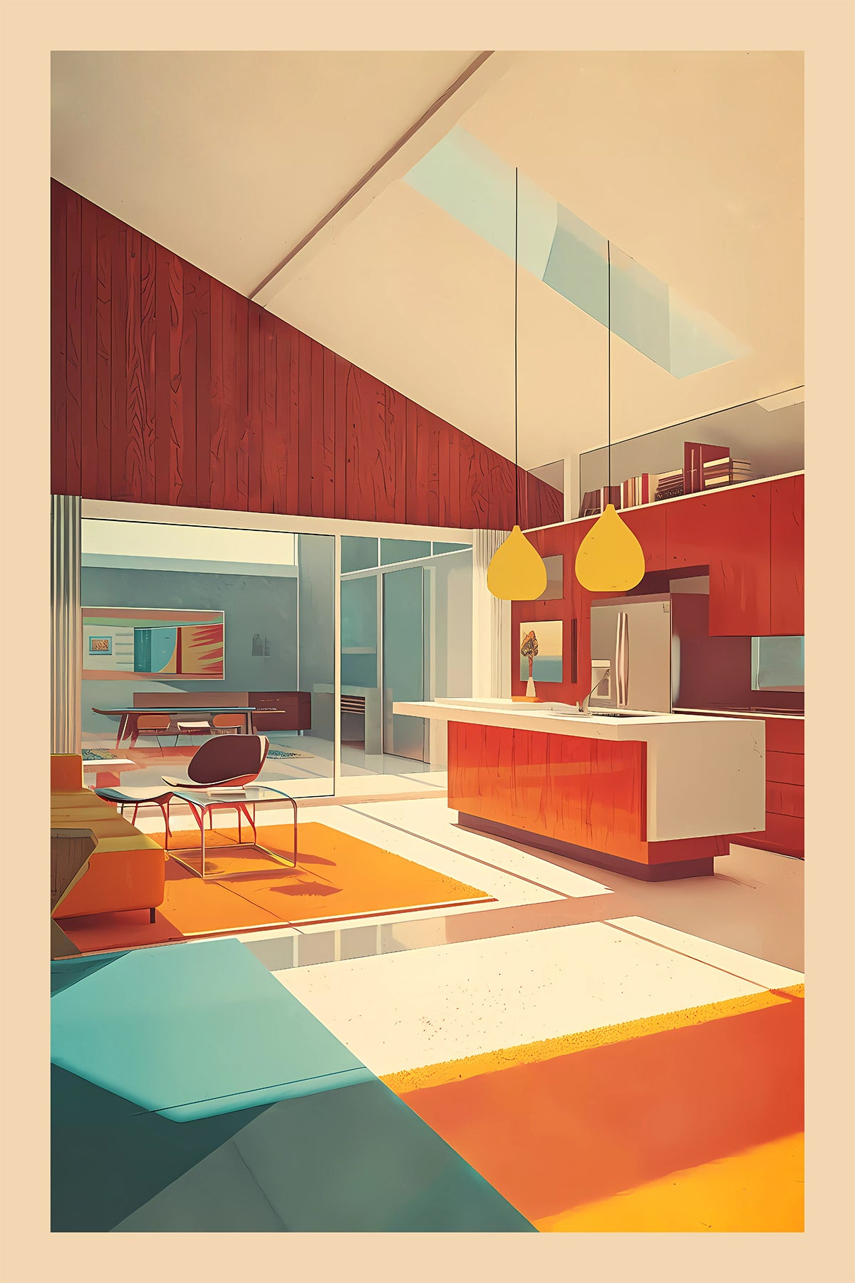 Mid-Century Modern interior Living Room / Kitchen Art Print