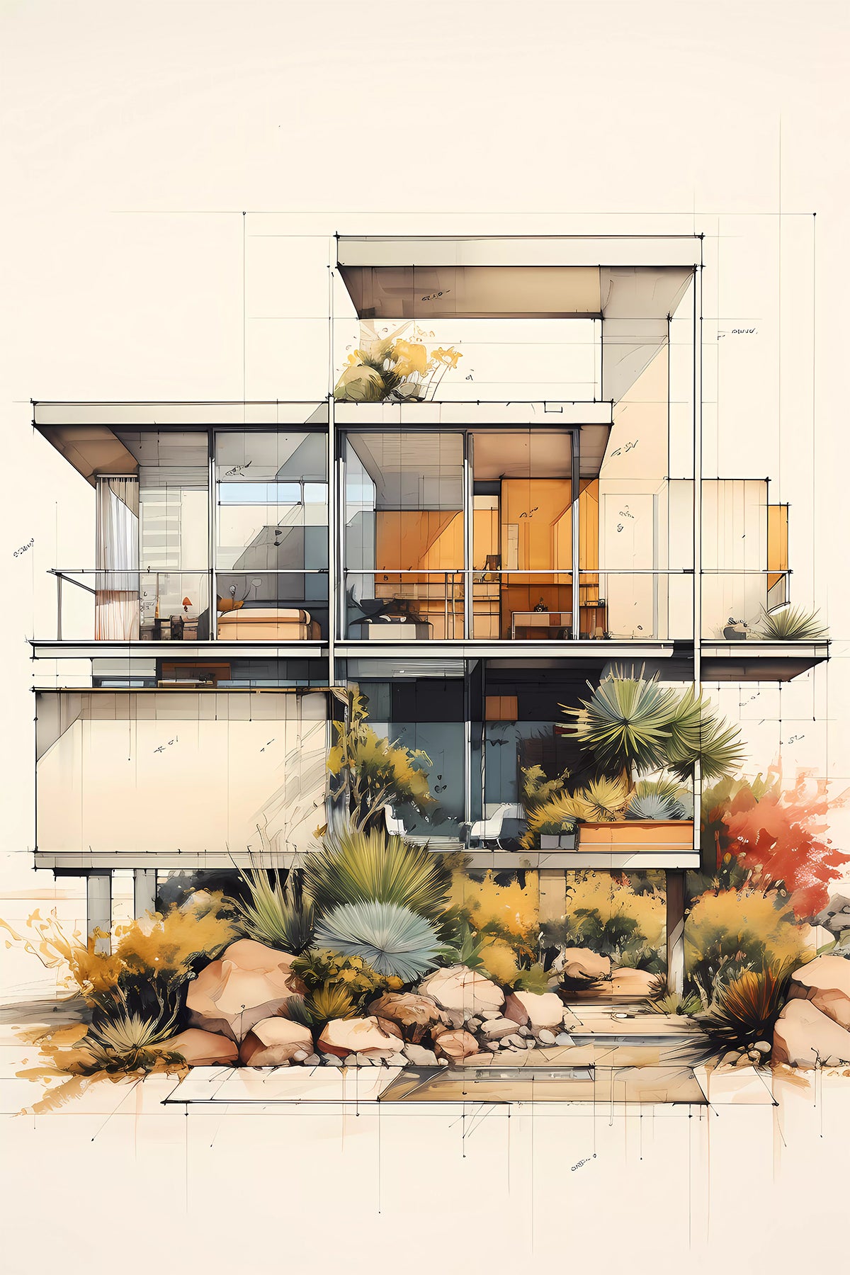 Modern architecture sketch - Fictional case study house illustration